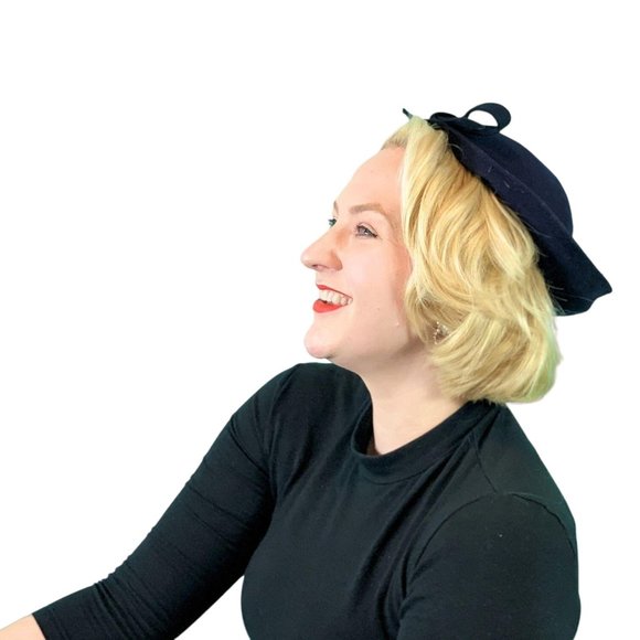 Vintage 1950s Wool Beret Navy Blue Bow Hat - Picture 10 of 10